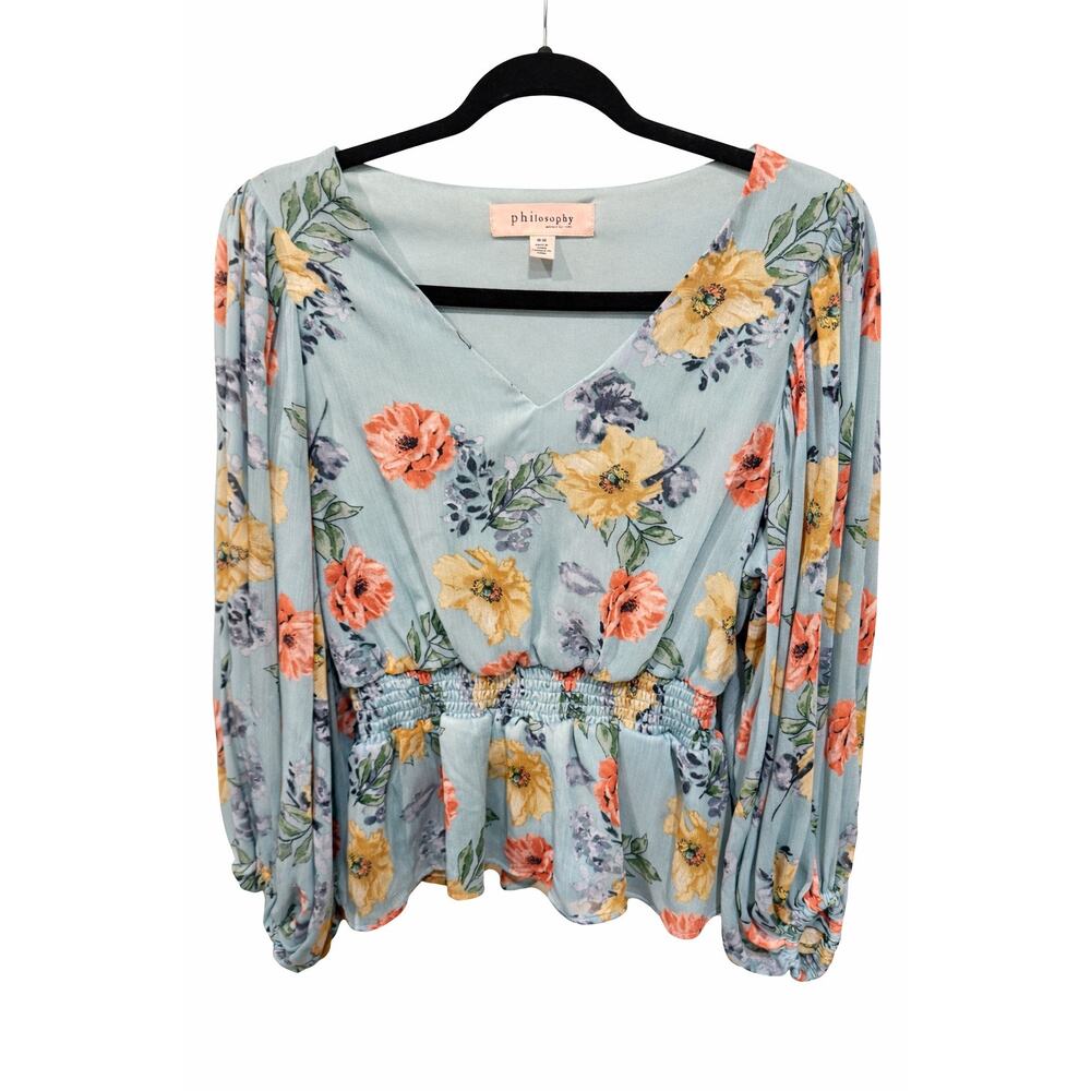 Philosophy Floral Smocked Peplum Blouse‎ Medium Aqua V-Neck Cottagecore Romantic